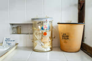 A Bucket And A Container On A Tiled Floor Wallpaper