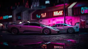 A Car Is Parked In Front Of A Neon Lit Building Wallpaper