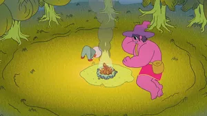 A Cartoon Character Is Sitting Around A Campfire In The Woods Wallpaper