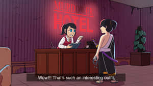 A Cartoon Character Is Standing In Front Of A Hotel Wallpaper