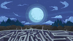 A Cartoon Image Of A Maze With A Moon In The Background Wallpaper