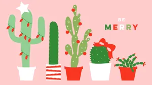 A Christmas Card With Cactus Plants And Christmas Lights Wallpaper