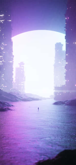 A City With A Purple Sky And A City In The Background Wallpaper