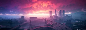 A City With A Purple Sky And A Cityscape Wallpaper