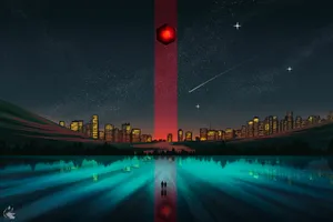 A City With A Red Light In The Sky Wallpaper