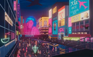 A City With Neon Signs And People Walking Around Wallpaper