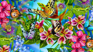 A Colorful Butterfly And Flower Pattern Wallpaper