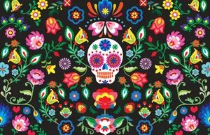 A Colorful Sugar Skull With Flowers On A Black Background Wallpaper