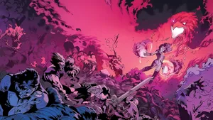 A Comic Book Cover With A Man And A Woman In The Middle Wallpaper