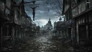 A Dark And Eerie Village Shrouded In Fog. Wallpaper