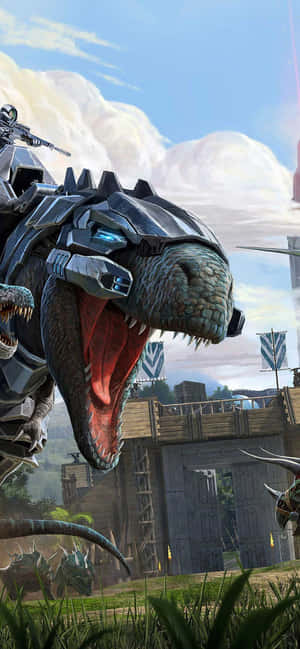 A Dinosaur Is Flying In Front Of A City Wallpaper