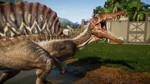 A Dinosaur Is Standing In The Grass Near A House Wallpaper