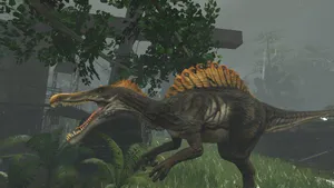 A Dinosaur Is Walking Through A Forest Wallpaper