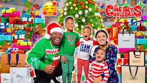 A Family Is Posing In Front Of A Christmas Tree Wallpaper