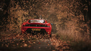 A Ferrari Supercar Glowing In The Autumn Leaves Wallpaper