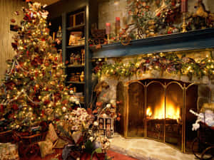 A Fireplace With A Christmas Tree And Decorations Wallpaper