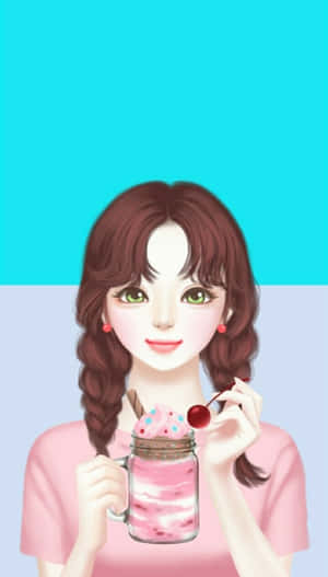 A Girl Holding A Cup Of Ice Cream And A Spoon Wallpaper