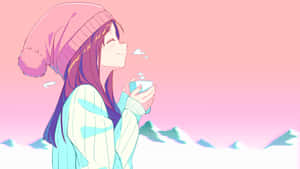 A Girl In A Pink Hat Drinking Coffee Wallpaper