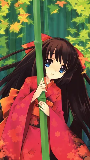 A Girl In A Red Dress Is Holding A Bamboo Pole Wallpaper