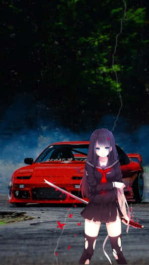 A Girl In A Red Dress Standing Next To A Red Car Wallpaper