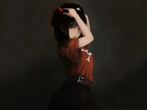 A Girl In A Red Shirt With Horns On Her Head Wallpaper