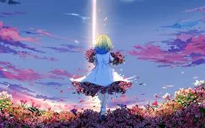 A Girl In A White Dress Standing In A Field Of Flowers Wallpaper