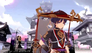 A Girl In An Anime Costume Standing In Front Of A Building Wallpaper