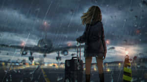 A Girl Is Standing In The Rain Wallpaper