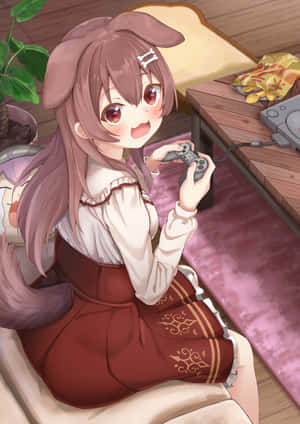 A Girl Sitting On A Couch With A Remote Control Wallpaper