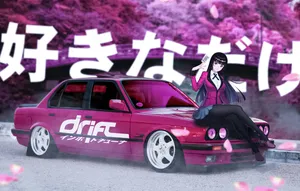 A Girl Sitting On A Pink Car With Pink Flowers Wallpaper