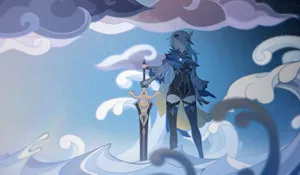 A Girl With A Sword Standing On A Cloud Wallpaper