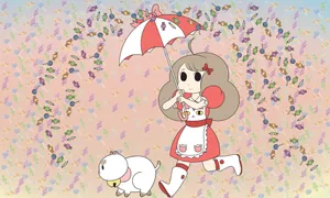 A Girl With An Umbrella And A White Dog Wallpaper