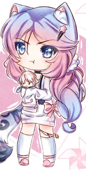A Girl With Pink Hair And Blue Eyes Holding A Kitten Wallpaper
