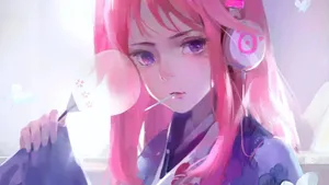 A Girl With Pink Hair Is Holding A Microphone Wallpaper