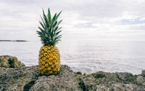 A Golden Pineapple Resting On A Rocky Shore On A Sunny Day. Wallpaper