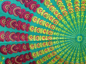 A Green And Yellow Tapestry With A Colorful Design Wallpaper