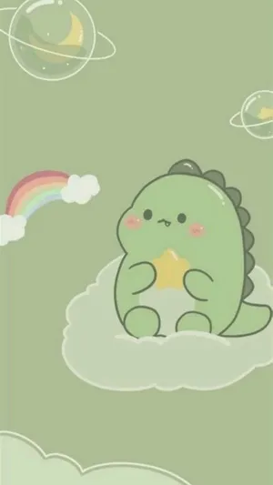 A Green Dinosaur Sitting On A Cloud With A Rainbow Wallpaper