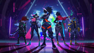 A Group Of People Standing In Front Of A Neon Background Wallpaper