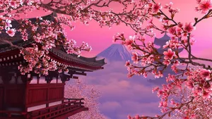 A Japanese Temple With Pink Blossoms And Clouds Wallpaper