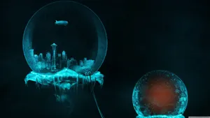 A Jellyfish In A Blue Glass With A City In The Background Wallpaper