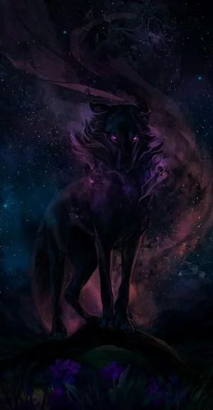 A Lone Anime Wolf Crouches Among A Field Of Vibrant Floral Art Wallpaper