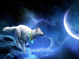 A Majestic White Wolf Howling At A Full Moon. Wallpaper