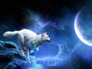 A Majestic White Wolf Howling At A Full Moon. Wallpaper