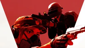 A Man And Woman Holding Guns In Front Of A Red Background Wallpaper