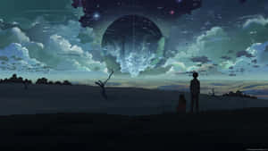 A Man And Woman Standing In A Field Looking At A Large Spaceship Wallpaper