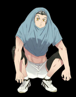 A Man In A Blue Hoodie Crouching Down Wallpaper