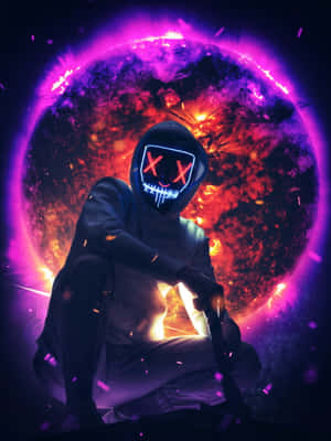 A Man In A Purple Mask Is Sitting On A Purple Planet Wallpaper