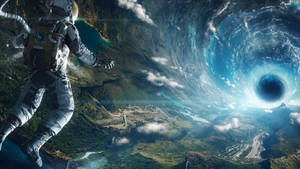 A Man Is Flying Over A Black Hole Wallpaper