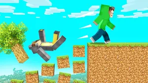 A Man Is Jumping Over A Tree In Minecraft Wallpaper