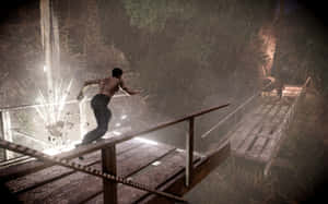 A Man Is Running On A Bridge In The Dark Wallpaper